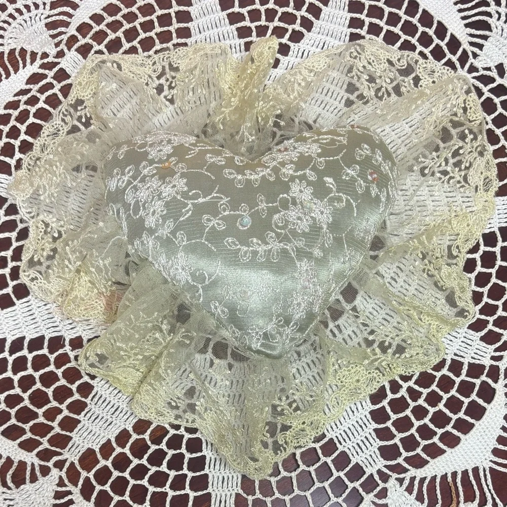 Victorian French Lover Lace Heart Pillow Hand Crafted Vintage Cottage Decor Pink